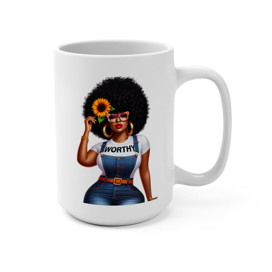 Worthy Afro Woman Coffee Mug - 15oz Inspirational Mug for Self-Love and Motivation